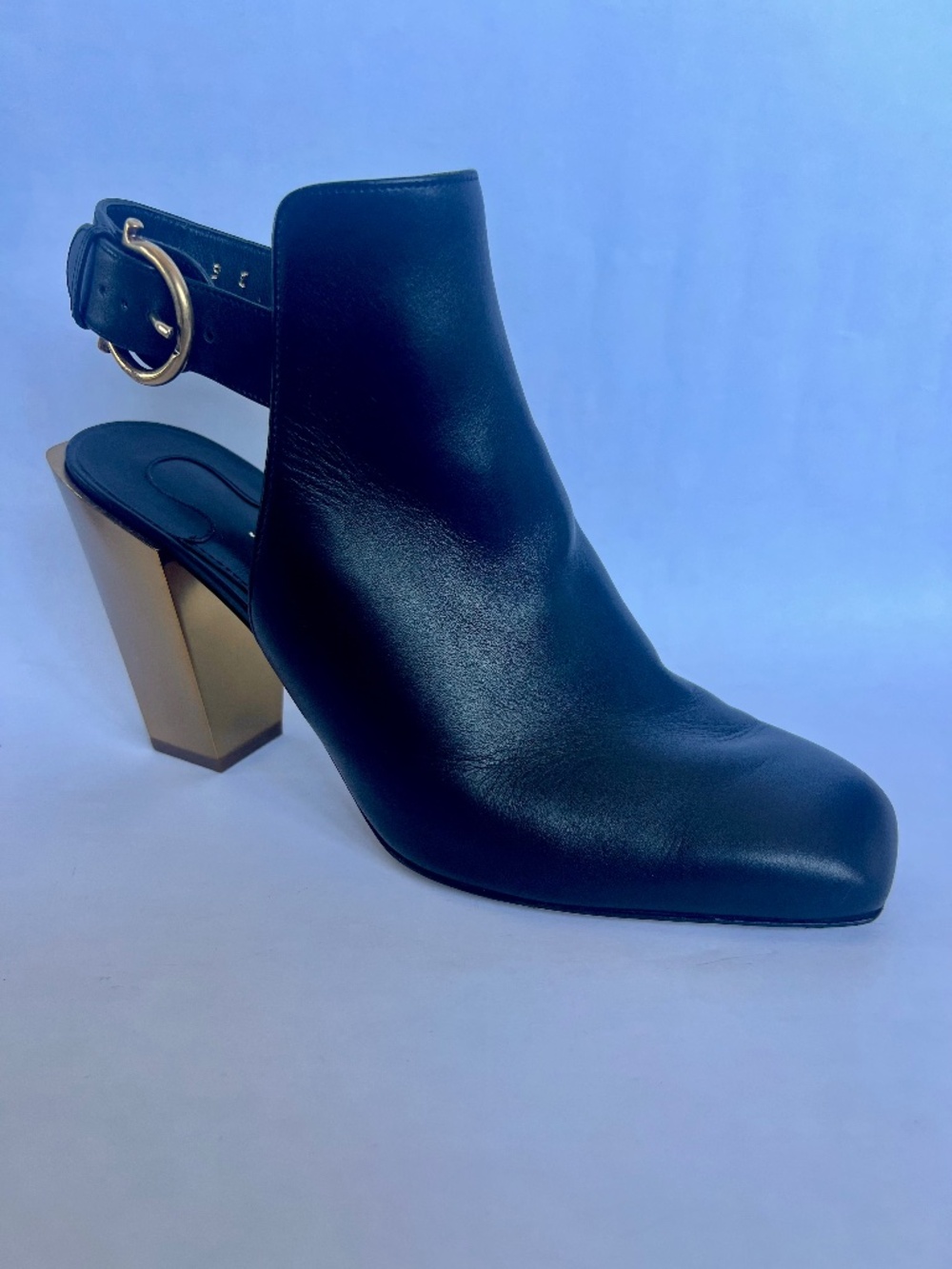 Salvatore Ferragamo Black Leather Slingback Ankle Boots Gold Block 4” Heel US 9
